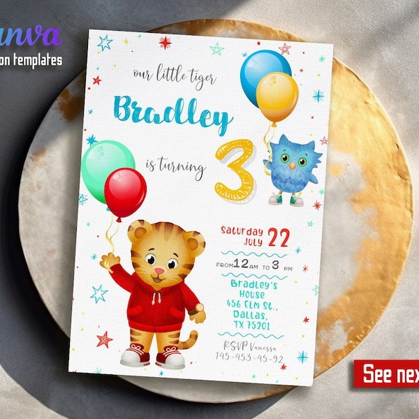 Printable editable Birthday Invitation, Daniel Tiger birthday Invitation,  daniel's tiger neighborhood invite, boy girl invitation