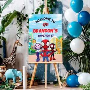 spidey friends Printable Welcome Sign template, Birthday superhero Party Welcome in Poster, spiderman Boy super hero party decoration image 4
