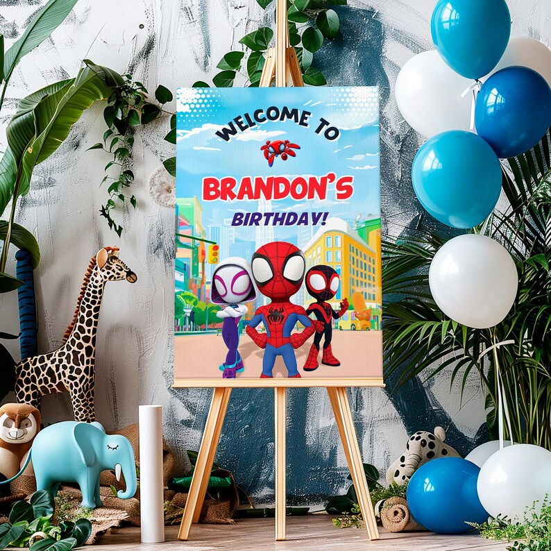 spidey friends Printable Welcome Sign template, Birthday superhero Party Welcome in Poster, spiderman Boy super hero party decoration image 4
