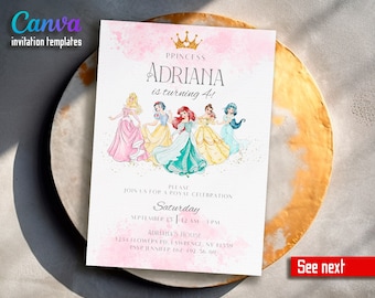 May include: Pink and white invitation with a watercolor background. The invitation features a gold crown and the text "Princess Adriana is turning 4!" with a group of Disney princesses. The invitation includes the date, time, and location of the event.