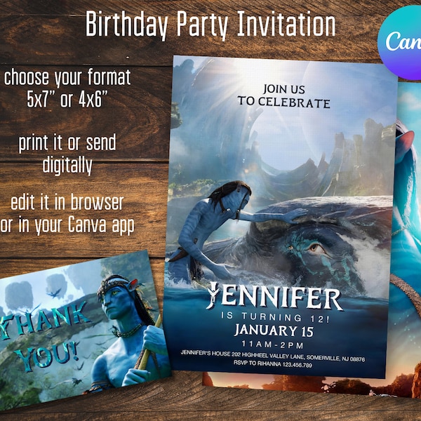 Invitación de Avatar 2 imprimible, invitación de cumpleaños editable de Pandora, invitación de avatar, descarga instantánea, te veo plantilla de invitación de cumpleaños