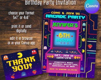 Arcade birthday invitation, Gamer invitation, editable invite template, video game party, girl birthday,  boy birthday, instant download
