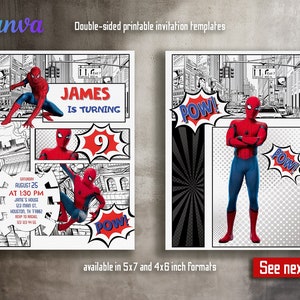 Może przedstawiać: Dwustronne, drukowalne szablony zaproszeń w stylu komiksowym z postacią Spidermana. Tekst na zaproszeniu brzmi "James kończy 9 lat".