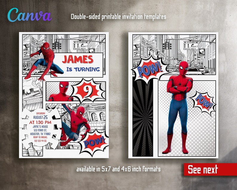 Może przedstawiać: Dwustronne, drukowalne szablony zaproszeń w stylu komiksowym z postacią Spidermana. Tekst na zaproszeniu brzmi "James kończy 9 lat".