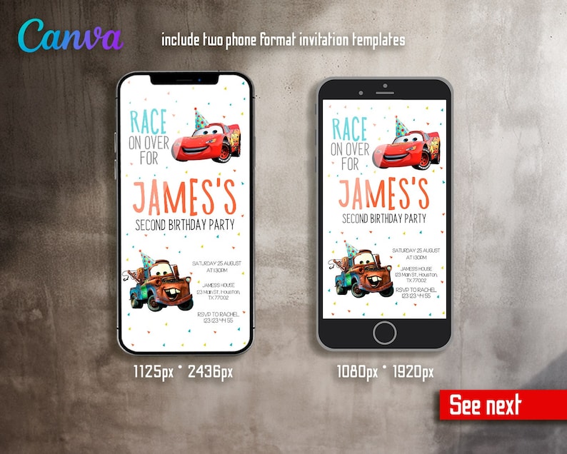 Puede incluir: Dos maquetas de pantalla de tel&eacute;fono con un coche de dibujos animados rojo y naranja oxidado sobre un fondo blanco. El texto dice "Race on over for James's Second Birthday Party".