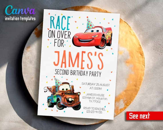 Birthday Party Invitation, Lightning Mcqueen invite,  Printable Cars invitation, racing Birthday invitation template