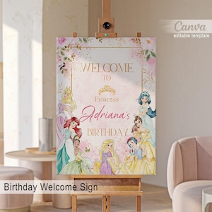 Modello di cartello di benvenuto stampabile principessa, compleanno c'era una volta festa reale di benvenuto nel poster, compleanno della bambina