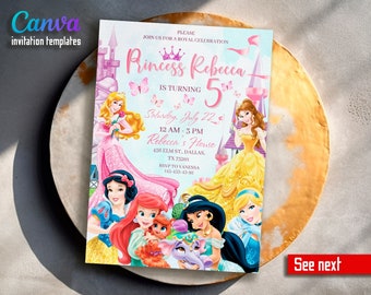 May include: A pink and blue birthday invitation featuring Disney princesses. The invitation says "Princess Rebecca is turning 5" and includes the date and time of the party. The invitation also includes a castle and butterflies.