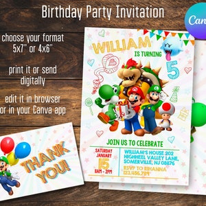 Mario invitation, Printable birthday invite, editable invitation, girl birthday, mario bros party, video game invitation, super template