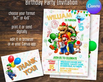 Invito di Mario, invito di compleanno stampabile, invito modificabile, compleanno per bambina, festa di Mario Bros, invito a tema videogiochi, super template