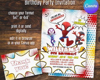 Invitación de cumpleaños imprimible | Spidey Inivtation, Spidey y su increíble invitación de cumpleaños de amigos, invitación editable / Descarga instantánea
