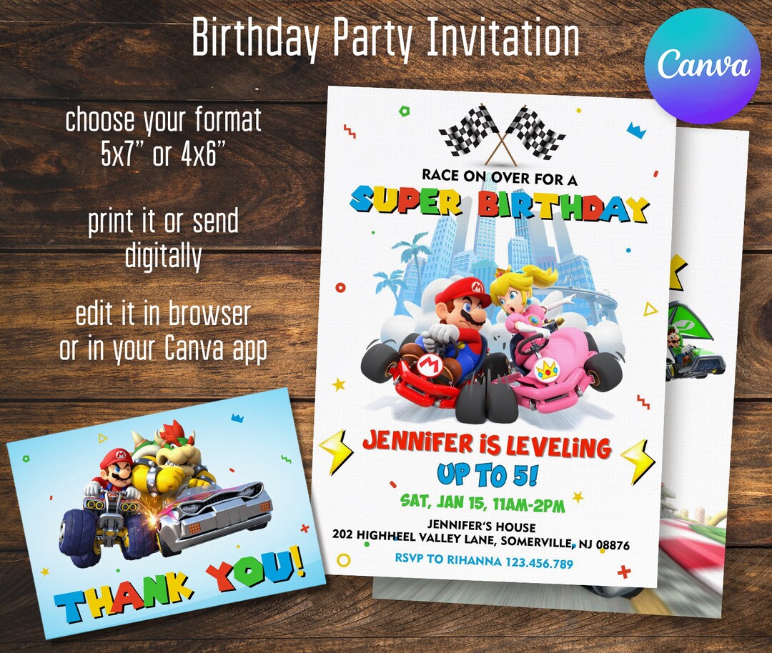Mario Invitation, Printable Go Kart Birthday Invite, Editable ...