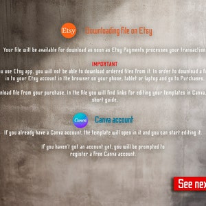 May include: A screen capture of a website with instructions on how to download a file from Etsy and edit it in Canva. The text on the screen says "Downloading file on Etsy" and "Canva account".