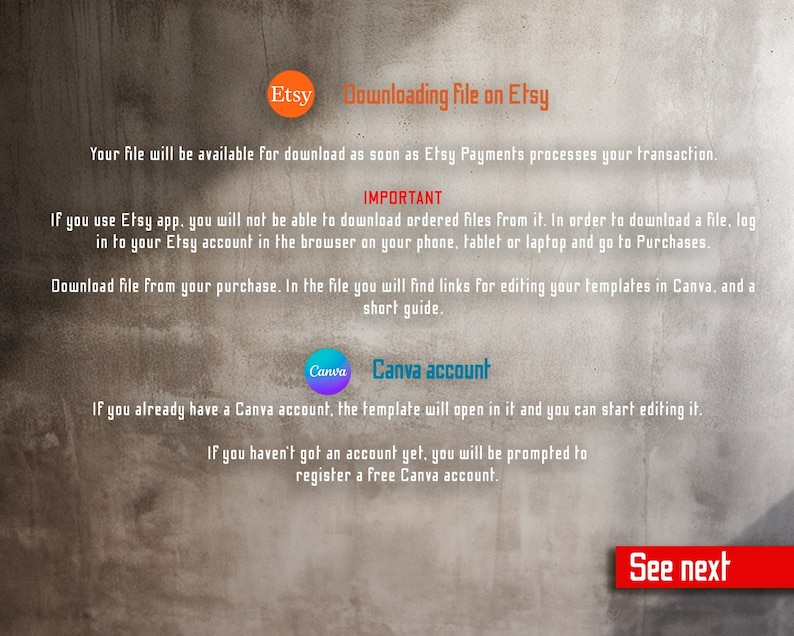May include: A screen capture of a website with instructions on how to download a file from Etsy and edit it in Canva. The text on the screen says "Downloading file on Etsy" and "Canva account".
