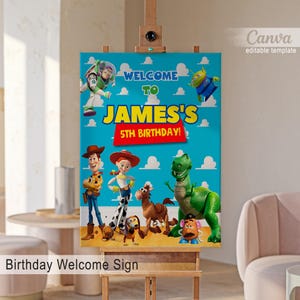 Plantilla de signo de bienvenida imprimible de Toy Story Woody, dos infinitos más allá de la fiesta de cumpleaños de bienvenida en el póster, decoración de cumpleaños de Toy Story Boy Girl