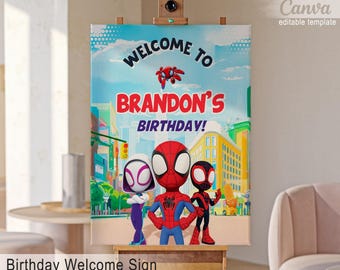 spidey friends Printable Welcome Sign template, Birthday superhero Party Welcome in Poster, spiderman Boy super hero party decoration