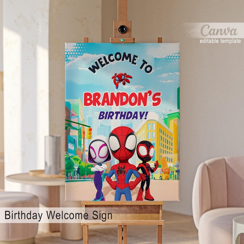 spidey friends Printable Welcome Sign template, Birthday superhero Party Welcome in Poster, spiderman Boy super hero party decoration image 1