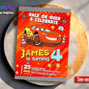 Uitnodiging voor verjaardagsfeestje, Racing verjaardagsuitnodiging sjabloon, afdrukbare auto&#39;s uitnodiging, Lightning Mcqueen uitnodigen