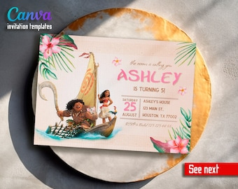 May include: A pink and white birthday invitation with a cartoon image of Moana and Maui on a boat. The text reads "The ocean is calling you ASHLEY IS TURNING 5!" with details for the party on the bottom.