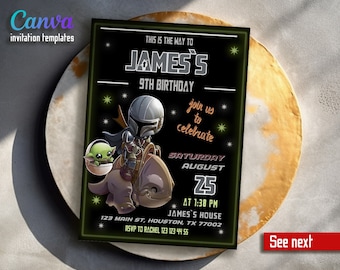 Descarga instantánea de invitación grogu, invitación de cumpleaños imprimible, invitación de guerras, fiesta de cumpleaños mandaloriana, invitación estrella