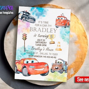 Uitnodiging voor verjaardagsfeestje, afdrukbare auto&#39;s uitnodiging, Lightning Mcqueen uitnodigen, race verjaardagsuitnodiging sjabloon