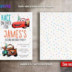 Puede incluir: Una plantilla de invitaci&oacute;n imprimible de doble cara para una fiesta de segundo cumplea&ntilde;os. La parte delantera presenta un coche de carreras rojo con un gorro de fiesta y el texto "Race on over for James's Second Birthday Party". La parte trasera presenta un fondo blanco con un patr&oacute;n de confeti de tri&aacute;ngulos rojos, azules y amarillos. El texto "See next" est&aacute; en la esquina inferior derecha.