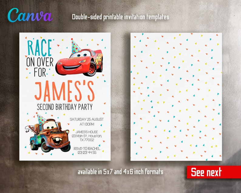 Puede incluir: Una plantilla de invitaci&oacute;n imprimible de doble cara para una fiesta de segundo cumplea&ntilde;os. La parte delantera presenta un coche de carreras rojo con un gorro de fiesta y el texto "Race on over for James's Second Birthday Party". La parte trasera presenta un fondo blanco con un patr&oacute;n de confeti de tri&aacute;ngulos rojos, azules y amarillos. El texto "See next" est&aacute; en la esquina inferior derecha.