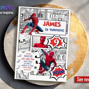 Może przedstawiać: Zaproszenie na urodziny w stylu komiksowym z postacią Spidermana w czerwonym i niebieskim kolorze. Zaproszenie głosi "James kończy 9 lat" i zawiera szczeg&oacute;ły dotyczące przyjęcia, w tym datę, godzinę, miejsce i informacje RSVP.