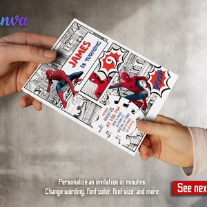 Może przedstawiać: Drukowane zaproszenie na urodziny Spidermana z motywem komiksowym. Zaproszenie jest czarno-białe z czerwonymi akcentami. Zawiera postać Spidermana i tekst "JAMES IS TURNING 6". Zaproszenie zawiera datę, godzinę i miejsce imprezy.