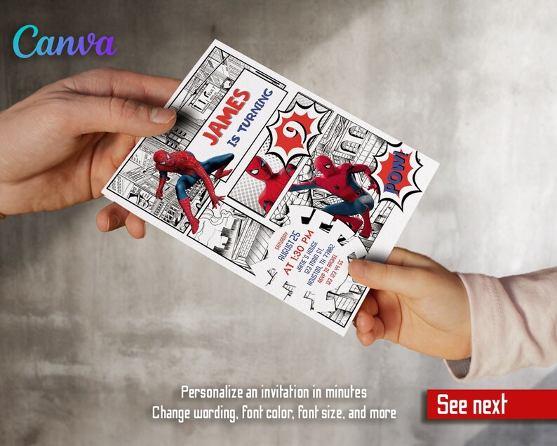 Może przedstawiać: Drukowane zaproszenie na urodziny Spidermana z motywem komiksowym. Zaproszenie jest czarno-białe z czerwonymi akcentami. Zawiera postać Spidermana i tekst "JAMES IS TURNING 6". Zaproszenie zawiera datę, godzinę i miejsce imprezy.
