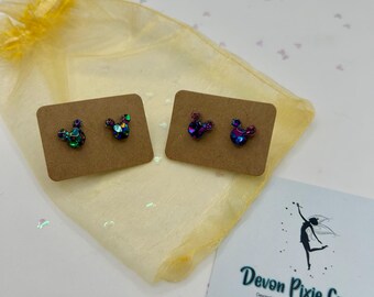 Iridescent Mouse Stud Earrings, Handmade Resin Glitter Jewellery