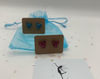 Iridescent Glitter Mouse Stud Earrings, Handmade Resin Jewelry