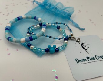 Whimsical Stackable Blue Beaded Bracelets with Mouse Charm & Sparkly Key