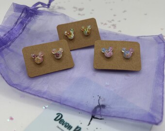 Handmade Mouse-Inspired Resin Stud Earrings – Floral patter and glitter Studs, Whimsical Disneybound Earrings