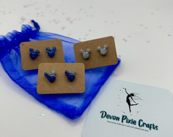Handmade Mouse-Inspired Resin Stud Earrings – Blue & Silver Glitter Studs, Whimsical Disneybound Earrings