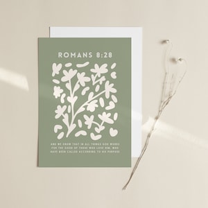 Romans 8:28 Everything Works Together for Good Bible Verse Poster Floral Scripture Printable Gift for Woman Digital Art Sage Green