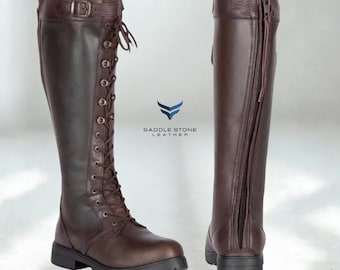 Women’s Handmade Brown Leather Knee High Riding Boots – Lace Up & Side Zipper Tall Combat Boots – Premium Equestrian Style Boots