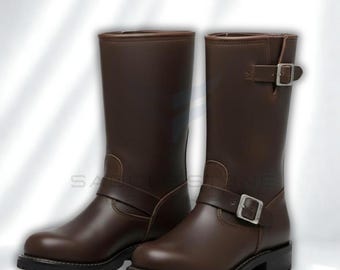 Handmade Dark Brown Leather Engineer Boots – Men’s Classic Mid Calf Biker Boots – Premium Buckle Motorcycle Boots – Rugged Custom Leather