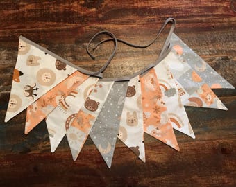 Woodland Animal Bunting - Gray and Orange Nursery Decor, Forest Baby Animal Banner, Fabric Pennant Garland, Woodland Baby Shower Gift