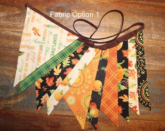 Fall Fabric Bunting Garland - Handmade Thanksgiving Pennant Banner, Autumn Kitchen Decor, Elegant Harvest Dining Room Flags, Mantle Garland