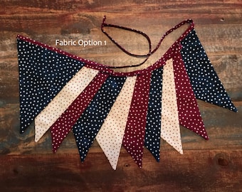 USA Patriotic Bunting, Americana Star Spangled Banner, 4th of July Fabric Garland, Red White and Blue Pennant, Handmade July 4th Decor