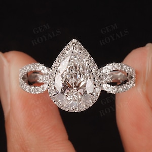 Pear Cut Lab Grown Diamond Engagement Ring, Solid Gold Halo Promise Ring, Unique Split Shank Pave Setting Ring, Anniversary Gift For Women