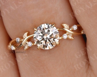 Nature Inspired Round Cut Diamond Engagement Ring 14K Yellow Gold Lab Grown Diamond Ring Vintage Diamond Ring for women Twist Ring Gift