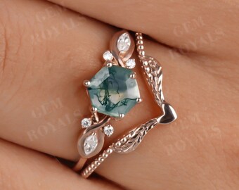 Vintage 14K Gold Moss Agate Engagement Ring Hexagon Moss Agate Ring Set Promise Ring For Women Curved Wedding Band ProposalRing Gift for Her
