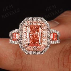 Double Halo Radiant Cut Lab Grown Diamond Engagement Ring 14K TwoTone Gold Pink Diamond Ring For Her Vintage Style Art Deco Lab Diamond Ring
