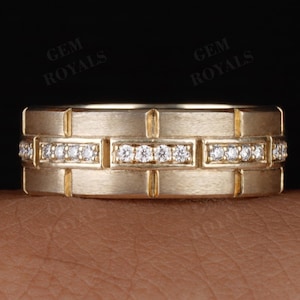 Diamond Brick Men&#39;s Wedding Band, 8 MM Wide Lab Grown Diamond Band, 14K Gold Eternity Ring, Matte Finish Mens Jewelry