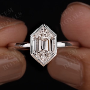 Elongated Hexagon Step Cut Lab Grown Diamond Ring, Bezel Set Solitaire Engagemet Ring, Hexagon Lab Diamond Ring, CVD Diamond Ring