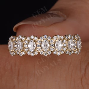 Vintage 14K Gold Oval Lab Diamond Halo Wedding Band