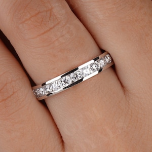 Channel Set Moissanite Wedding Band 14K Gold Round Cut Half Eternity Band 3.9MM Wide Stacking Band, Anniversary Ring For women Bridal Ring