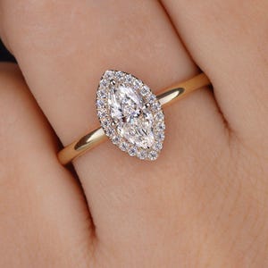 Marquise Cut Lab Grown Diamond Ring 14K Gold Halo Engagement Ring Marquise CVD Diamond Ring, 1 carat Diamond Wedding Ring